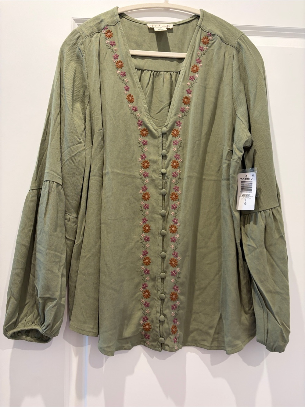 Torrid Olive Green Embroidered Button-Front Blouse
